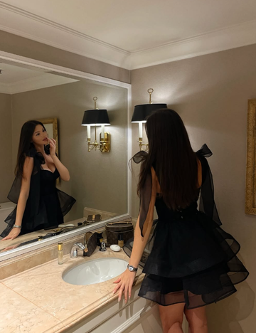 Black Bow A Line Spaghetti Strap Organza Short Homecoming Dress Cocktail Dress Outfits HZ1023